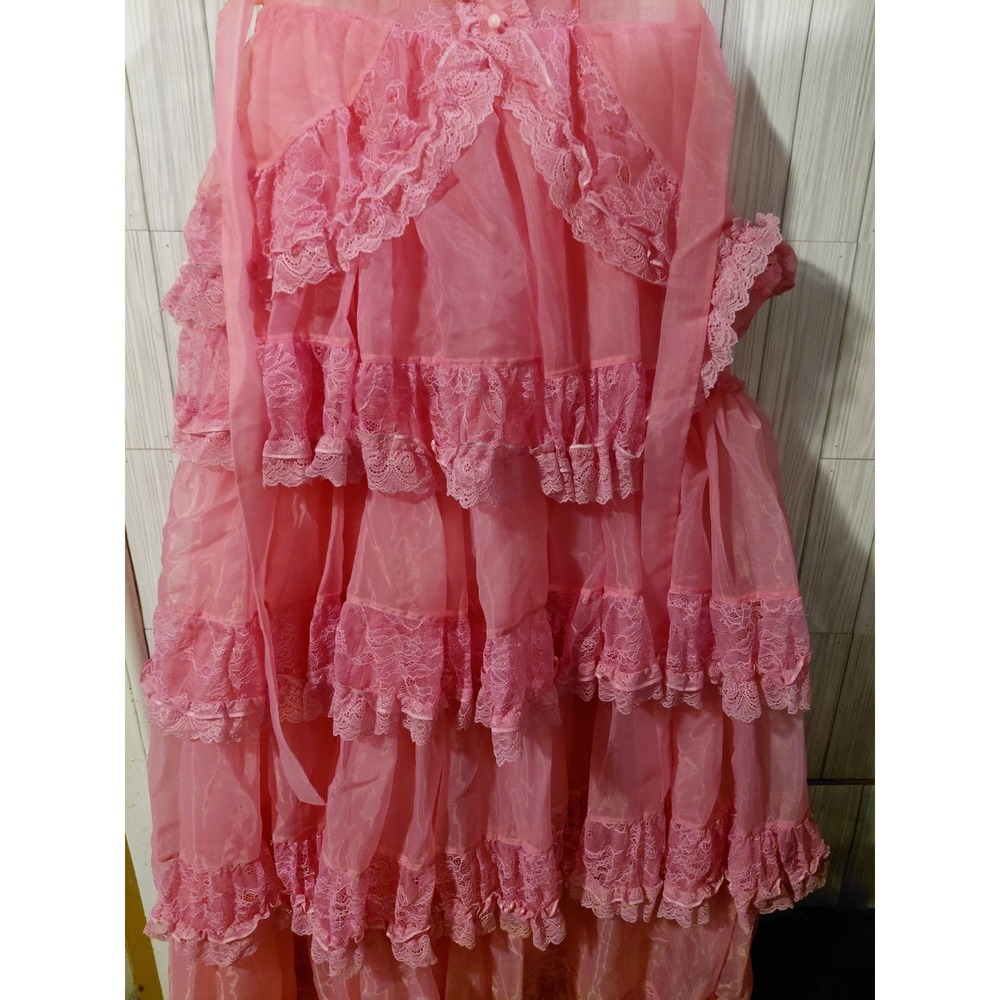 Dolls Kill Sugar Thrillz Pink Sheer Organza Tiered Lace Ruffle Maxi Dress NEW XS - Picture 5 of 13